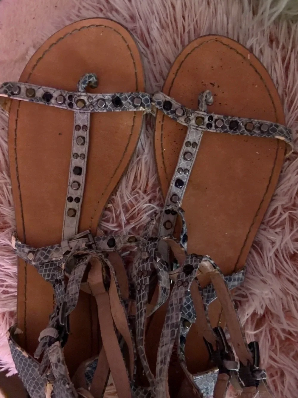 Nine West Snake-Print T-Strap Sandals in Tan and Gray